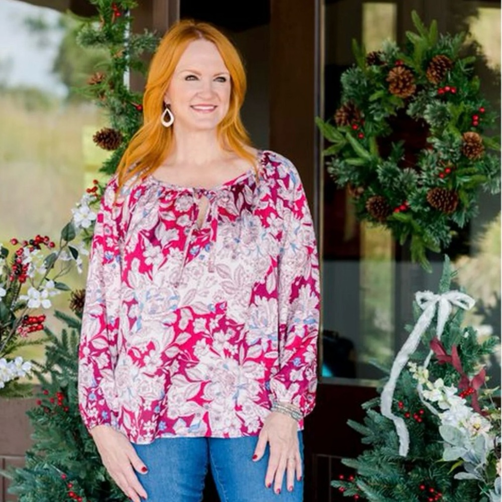 The Pioneer Woman Burgundy and Cream Floral Blouse